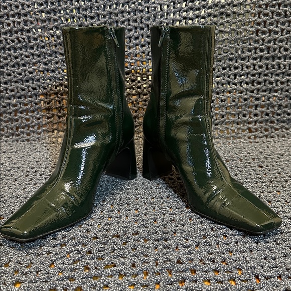 Zara Glossy Green Square Heeled Ankle Boots - Picture 6 of 10